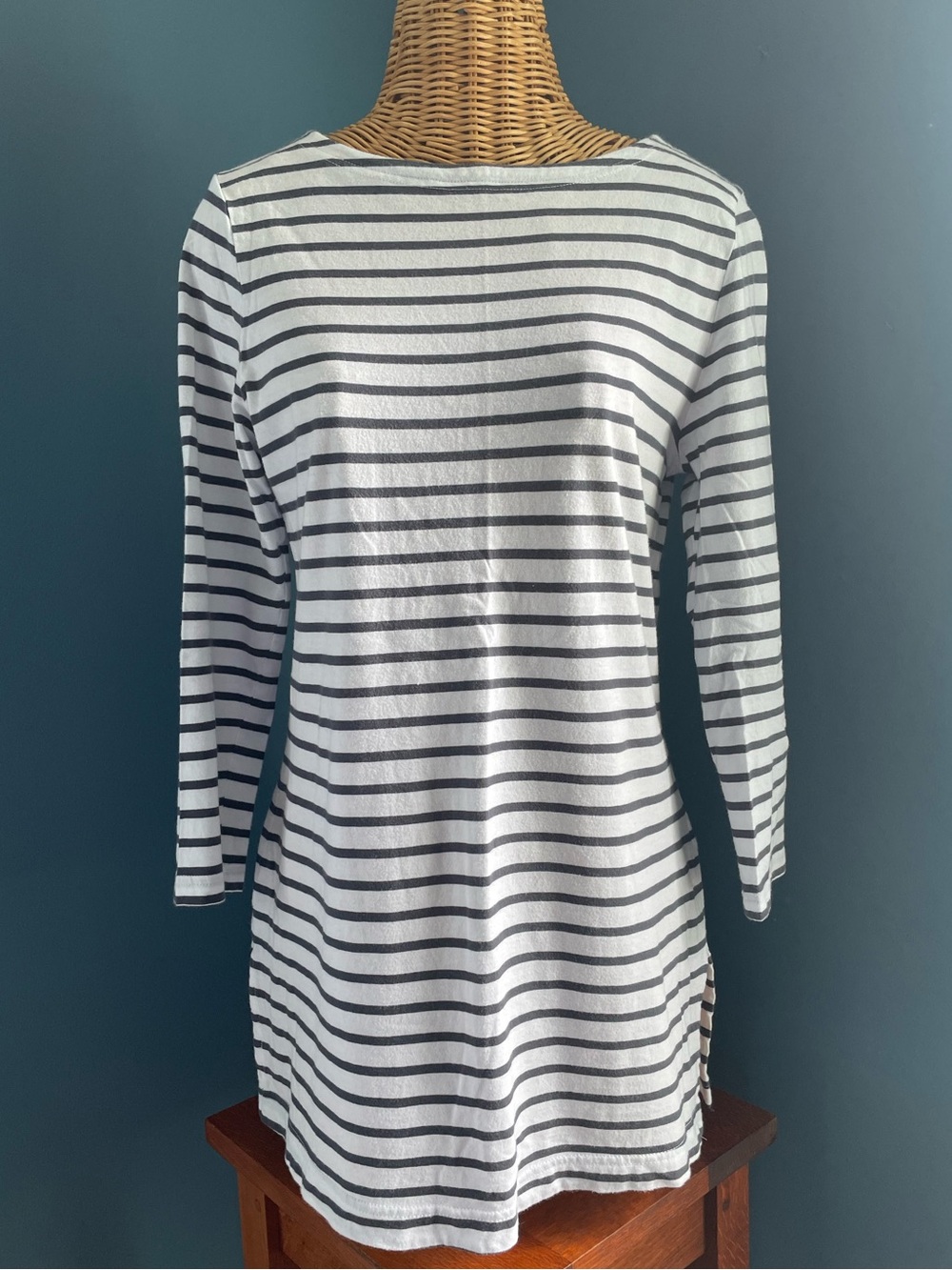 Duluth Trading Co. 3/4 Sleeve Long Tail Tunic 100% Cotton Black White Stripe